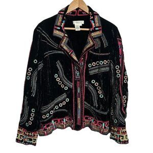 Coldwater Creek Velvet Embroidered Jacket XL Black Artsy Boho Art To Wear
